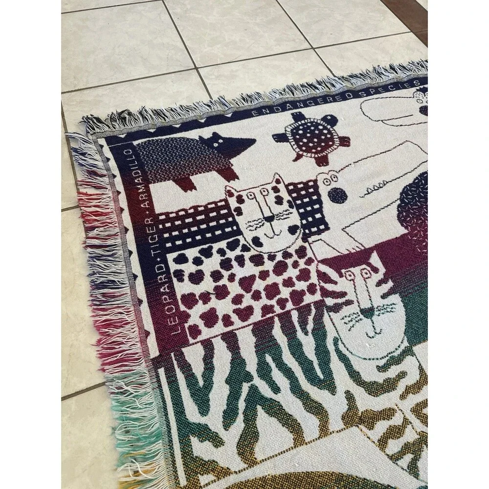 VTG Crown Crafts Woven Throw Blanket Tapestry Rainbow Endangered Species Animals
